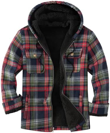Men's Flannel Plaid Hooded Jackets Full Zip Sherpa Fleece Lined Hoodies Fashion Warm Coat