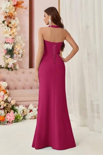 Ruffle Bridesmaid Dresses for Women with Slit Halter Chiffon Mermaid Long Formal Prom Dress AD1122