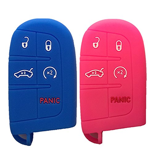Qty 2 (Blue and Peachblow) Key Case Cover Jacket Silicone Rubber Fob Keyless Remote Holder Skin fit for Jeep Fiat Dodge Smart Remote Key Case