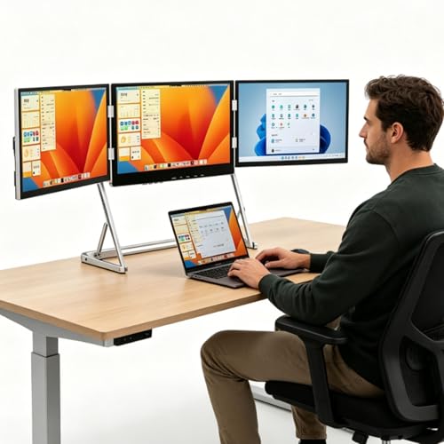 Image of Adjustable Triple Laptop Screen Extender,Portable Foldable Monitor with 178 Wide View,Low Blue Light Eye-Friendly, 360 Rotatable & Dual Speakers(Silver)