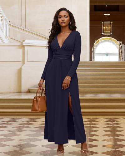 Image of Womens Backless Dress Sexy Halter Deep V Neck Maxi Dresses Sleeveless Long Cocktail Dress with Slit