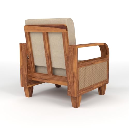 Image of Sheesham Wooden 4 Seater Sofa for Living Room | Solid Wood Sofa with Rattan Cane Side Rack | Rosewood Sofa Set for Home & Office | Lounge (Honey, 4 Seater)