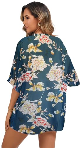 Image of FINOCEANS Womens Floral Chiffon Kimono Cardigans Loose Beach Cover Up Half Sleeve Tops