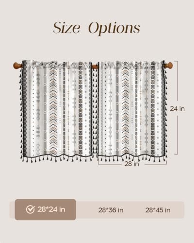 Image of Miss Adola Boho Kitchen Curtains - 24 Inch Length Linen Blend Modern Striped Cafe Curtains Tassels Tier Curtain Short Drapes Rod Pocket for Bathroom Living Room Windows Light Filtering, 2 Panels