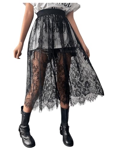 Women's Floral Lace Sheer Skirt High Waisted A Line Midi Skirts Beach Cover-ups Mesh Streetwear Y2K Skirts
