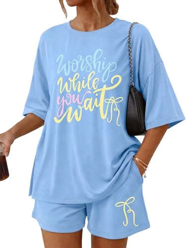 Image of 2 Piece Sets for Women Christian Tshirts Oversized Top Loose Fit Shorts with Pockets