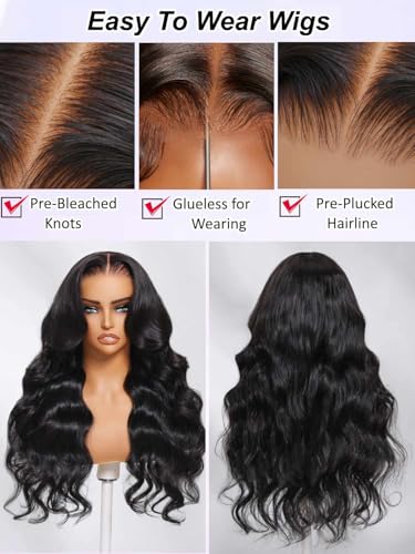 Image of Beauty Forever 7x5 Bye Bye Knots Put on and Go Glueless Wig Pre Cut 3D Body Wave Lace Front Wig Human Hair with Bleached Knots Pre Plucked Wigs for Beginner 150% Density Natural Color 22 Inch