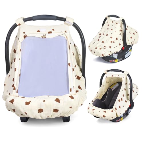 Image of Orzbow Cotton Baby Car Seat Cover, Breathable Car Seat Canopy for Girls Boys with Mesh Window, Lightweight Baby Carrier Cover for Wind, Dust, Sun and Insects Protection, Universal Fit, Beige