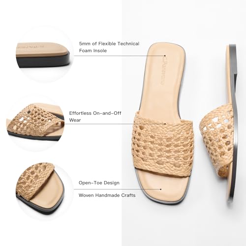 Image of C.Paravano Womens Slides Woven Flats Raffia Sandals Summer Beach Slip ons | handmade woven crafts, Nappa lambskin Insole, Lightweight, Open toe