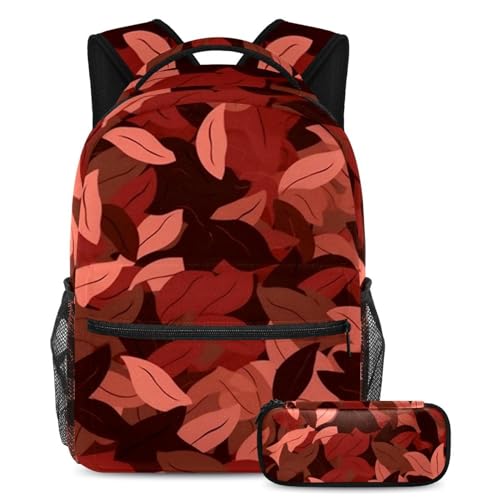 Sac d'école pour enfant avec trousse assortie motif feuilles rouges - Set de 2 pièces