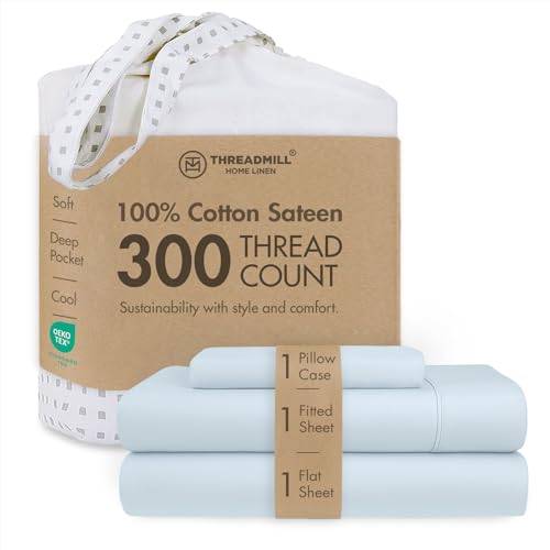 Image of Threadmill 300TC Cotton Twin Sheet Set, Sateen, Solid, Light Blue, 3-Piece