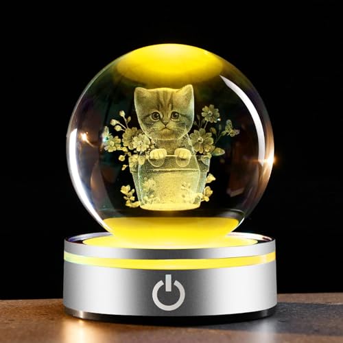 Image of IFOLAINA 3D Cat Crystal Ball 3D Flower Pot Cat Figurines Night Light Cat Lover Gifts for Women Home Decor Cat Collectibles Snow Globes Gift for Girl Cat Lamp for Bedroom Unique Cat Gifts for Her