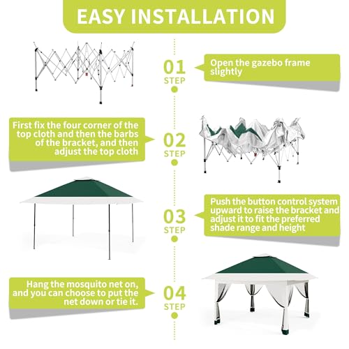 Outdoor Patio Gazebo 13x13ft, Pop Up Gazebo with Mosquito Netting, Outdoor Canopy Tent with 4 Ropes 8 Stakes, Portable Carrying Bag and Double Roofs, Patio Portable Tent for Outside Garden, Backyard - Image 3