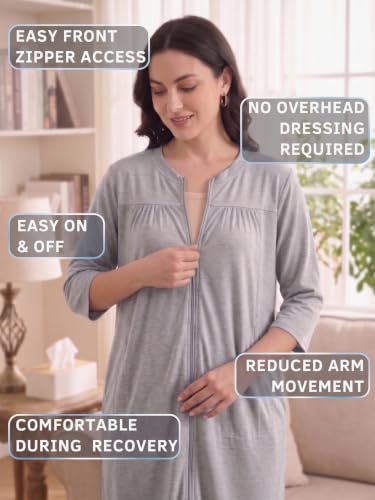 Image of Women's Post Surgery Robe with Drain Pockets Mastectomy Recovery Robe Front Zipper Hospital Gown Pajamas Gift
