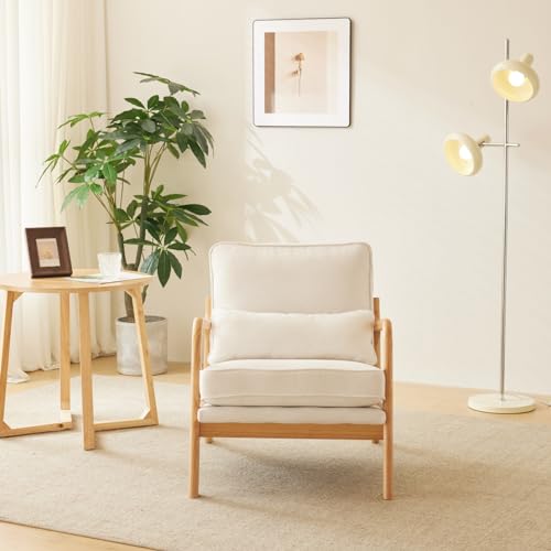 Image of Karl home Mid-Century Modern Accent Reading Chair, White | Linen Upholstered, Solid Wood Frame, Soft Cushion, Lumbar Pillow, Lounge Armchair for Living Room, Bedroom, Balcony, Study
