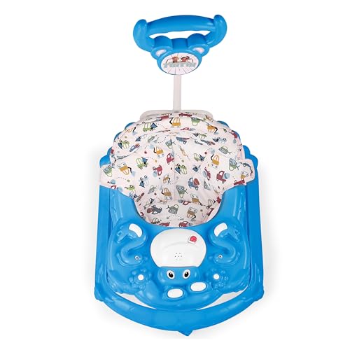 Image of BabyGo Tintin Baby Walker for 6-24 Months, Baby Walker with Push Handle & Activity Tray - Foldable Adjustable Height Infant Walker with Wheels, Music,Toy Bar and Comfotable seat (Blue)