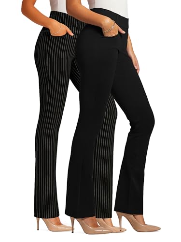 Conceited 2-Pack Stretch Slacks for Women - Wear to Work - Bootcut Dress Pants with Pockets - All Pinned Up, Black - (Medium)
