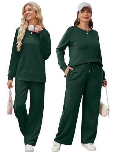 Image of OFEEFAN Women's 2 Piece Lounge Set Travel Airport Outfits Side Slit Tracksuit Wide Leg Loungewear Baggy Comfy Sweatsuit S-3XL
