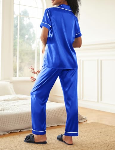 Image of Ekouaer 2 Piece Satin Short Sleeve Pajamas Set Button Down Sleepwear | Soft Pjs Set Classic Loungewear for Wedding, Party, Home, Daily Wear, Date Nights