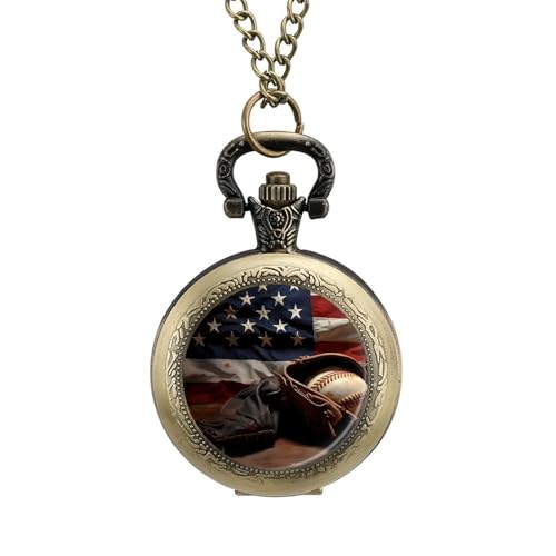 American Baseball Flag Vintage Pocket Watch with Chain Numerals Scale Christmas Graduation Birthday Gifts Valentine's Day Coppery-Style