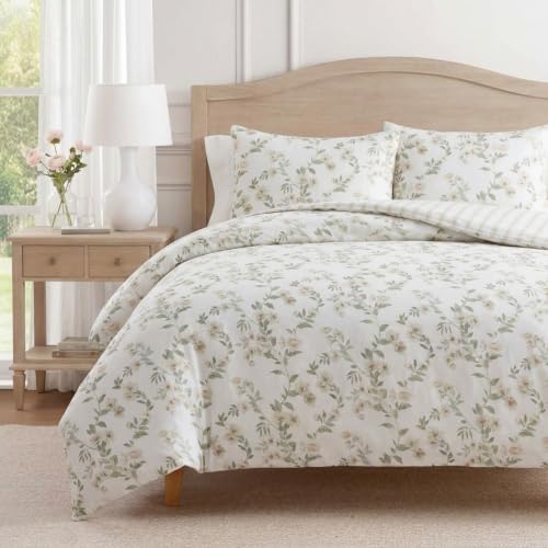 Image of Martha Stewart - Twin Comforter Set, Soft Cotton with Crisp & Tailored Naturally Smooth Cotton Percale Reverse, 2 Piece Bed Set with Matching Pillowcase (Hazel Floral Beige)