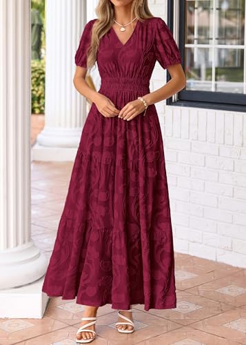 Image of KIRUNDO Summer Dresses for Women 2026 Boho Flowy Casual Short Sleeve V Neck Elastic Waist Floral Long Baby Shower Maxi Dress