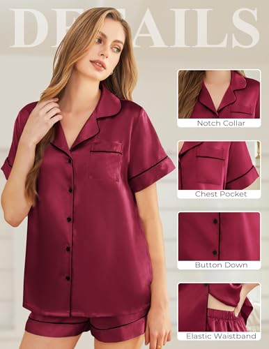 Image of Silk Pajamas for Women Short Sleeve Sleepwear Soft Button Down Loungewear 2 Piece Satin Pjs Shorts Set S-XXL