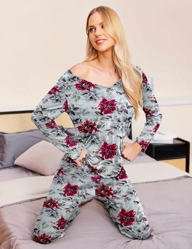 Image of Ekouaer Womens Pajama Sets 2 Piece Lounge Set Fall Winter Pajamas Long Sleeve Pjs Top and Pants Soft Pj Sets Loose Sleepwear