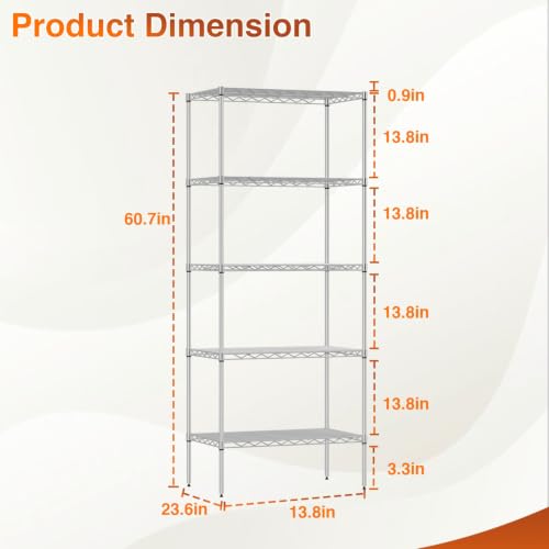 Image of BestOffice | 5-Tier Wire Shelf | 14 inch x 24 inch x 60 inch | Chrome | Storage Shelves Metal Shelving Kitchen Storage , Holds upto 750 lbs | Rust-Resistant, No-Tool Assembly | for Home, Garage