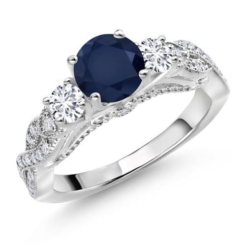Gem Stone King 925 Sterling Silver Blue Sapphire White Lab Grown Diamond and White Moissanite Engagement Ring For Women (1.57 Cttw, Gemstone September Birthstone, Round 6MM and 3MM)