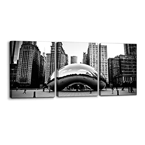 3 Pieces Black and White Wall Art - The Millennium Park in Downtown Chicago Photograph Picture Print on Canvas - Cloud Gate Canvas Wall Art for Modern Home Decor Ready to Hang - 12