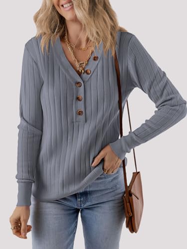Image of MEROKEETY Women's 2025 Long Sleeve V Neck Ribbed Button Knit Sweater Solid Color Tops