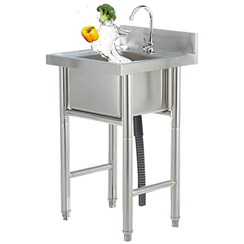 304 Stainless Steel Commercial Sink, 1 Compartment Free Standing Kitchen Sink Single Bowl Commercial Restaurant Utility Sink Reinforced Stand Simple Outdoor Sink for Garage Laundry