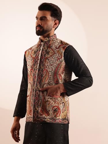 Image of SOJANYA Men's Silk Blend Black Kurta & White Pyjama With Velvet Paisley Design Nehru Jacket