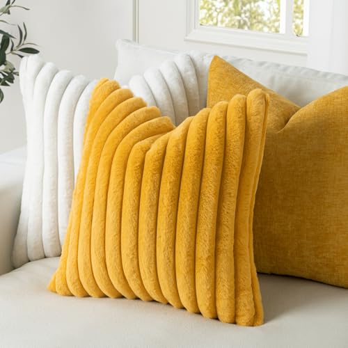Image of MIULEE Faux Fur Decorative Pillow Covers 24x24 Set of 2 Mustard Yellow | Vintage Boho Fall Home Decor Soft Plush Couch Pillows Cozy Fluffy Cushion Covers for Sofa Bed Living Room