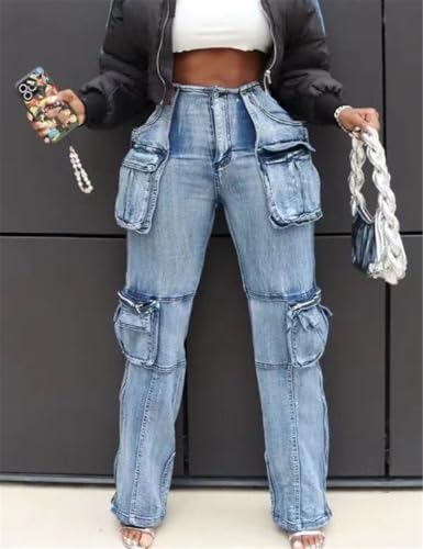 Women Baggy Denim Cargo Straight Leg Jeans with Pockets All Over4