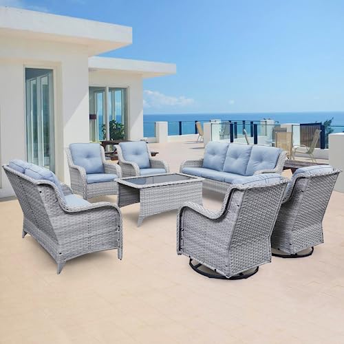 Outdoor-Wicker-Furniture-Patio-Set-7-Piece-Backyard-Furniture-Light-Grey-Rattan-Conversation-Sets-with-Swivel-Rocker-Chairs-Rattan-Sofa-Club-Chairs-and-Coffee-Table-Baby-Blue-Cushion Outdoor Wicker Furniture Patio Set 7 Piece Backyard Furniture Light Grey Rattan Conversation Sets with Swivel Rocker Chairs Rattan Sofa Club Chairs and Coffee Table Baby Blue Cushion