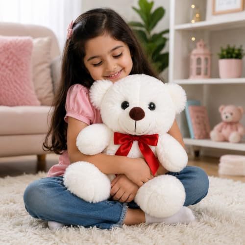 Image of Cute Teddy Bear Soft Toy Plush Stuffed Animal with Red Bow for Kids Baby - Soft Huggable Teddy Doll for Cuddling, Birthday Gift & Home Decor 25CM