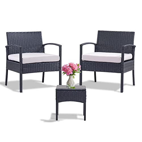 Leasbar Outdoor Chairs Set Bistro Set 3 Pieces Patio Conversation Set Furniture Set for Small Balcony Rattan Chairs and Table with Cushions Grey