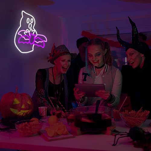 Image of Halloween Neon Sign Dimmable Flying Neon Bat Sign for Wall Decor Halloween Ghost Window Light Up Sign Led Bats Party Decoration for Bedroom, Kids Room, Indoor Decor