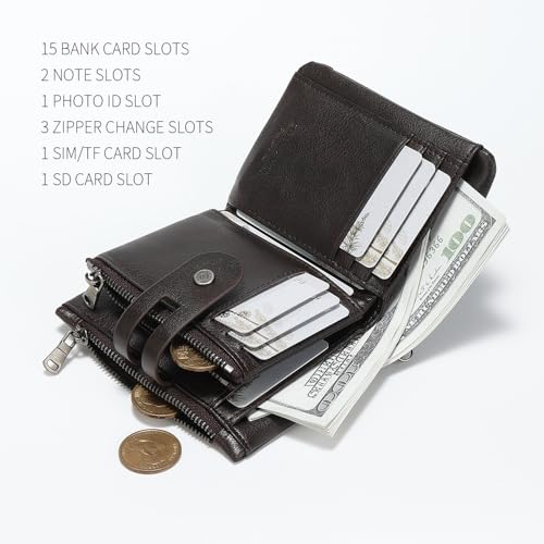 men's buckle, double zipper, leather wallet, detachable card, large capacity, multifunctional coin pocket (Coffee)4