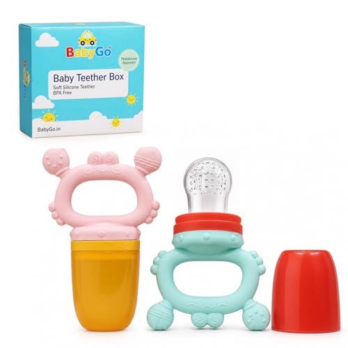 Image of BabyGo Silicone Baby Fruit Nibbler, Teether & Pacifier for Babies 3-12 Months | Soft Feeding Feeder for Fruits & Weaning | Easy Hold Self-Feeding Handle | Baby Teething & Feeding | Multicolor | Pack of 2