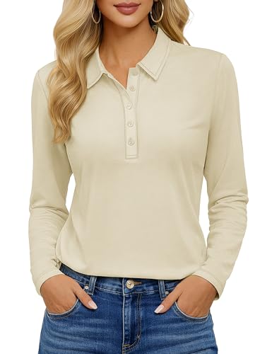 Yucolen Golf Shirts For Women Long Sleeve Polo Shirt 5-Button Cotton Collared Spring Casual Work Tops Lightapricot, M