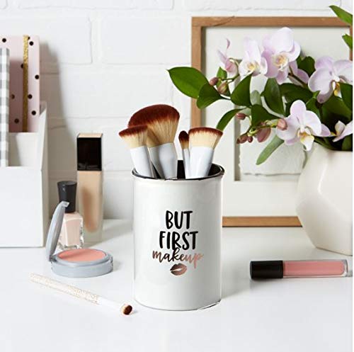 Tri-coastal Design Ceramic Makeup Brush Holder Storage "But First Makeup" Cosmetic Organizer for Make Up Brushes and Accessories - Round White Cosmetics Cup for Bathroom Vanity Countertop