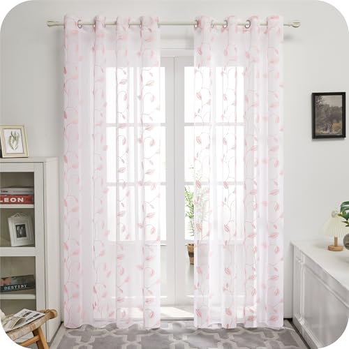 Deconovo - Cortinas Transparentes de Lino sintético con Hojas Bordadas y Flores, Cortinas Decorativas de Gasa con Ojales para Dormitorio, 140 x 280 cm, Color Rosa, un par