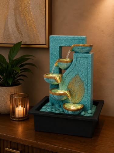 Image of eCraftIndia Tabletop Water Fountain with 5-Tier Cascading Water Flow, Leaf Design Indoor Decorative Fountain for Home, Living Room, Bedroom, Office & Meditation Decor