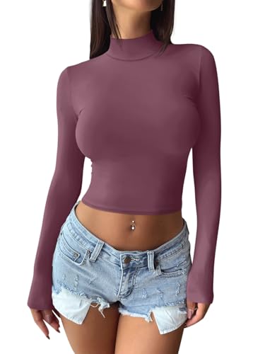 REORIA Womens Basic Mock Turtle Neck Long Sleeve Lightweight Double Lined Fall Fashion Layering Slim Soft Going Out Fitted Shirts Crop Tops Marsala Pink Large