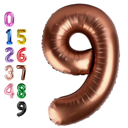 Image of Number Balloons Brown 9 Balloon 40 inch for 9th Birthday Party Decorations | Saturated Color, Large 40 inch, With Inflation Straw & Hanging Holes, Great for Thanksgiving, Vintage & Cowboy Theme Party