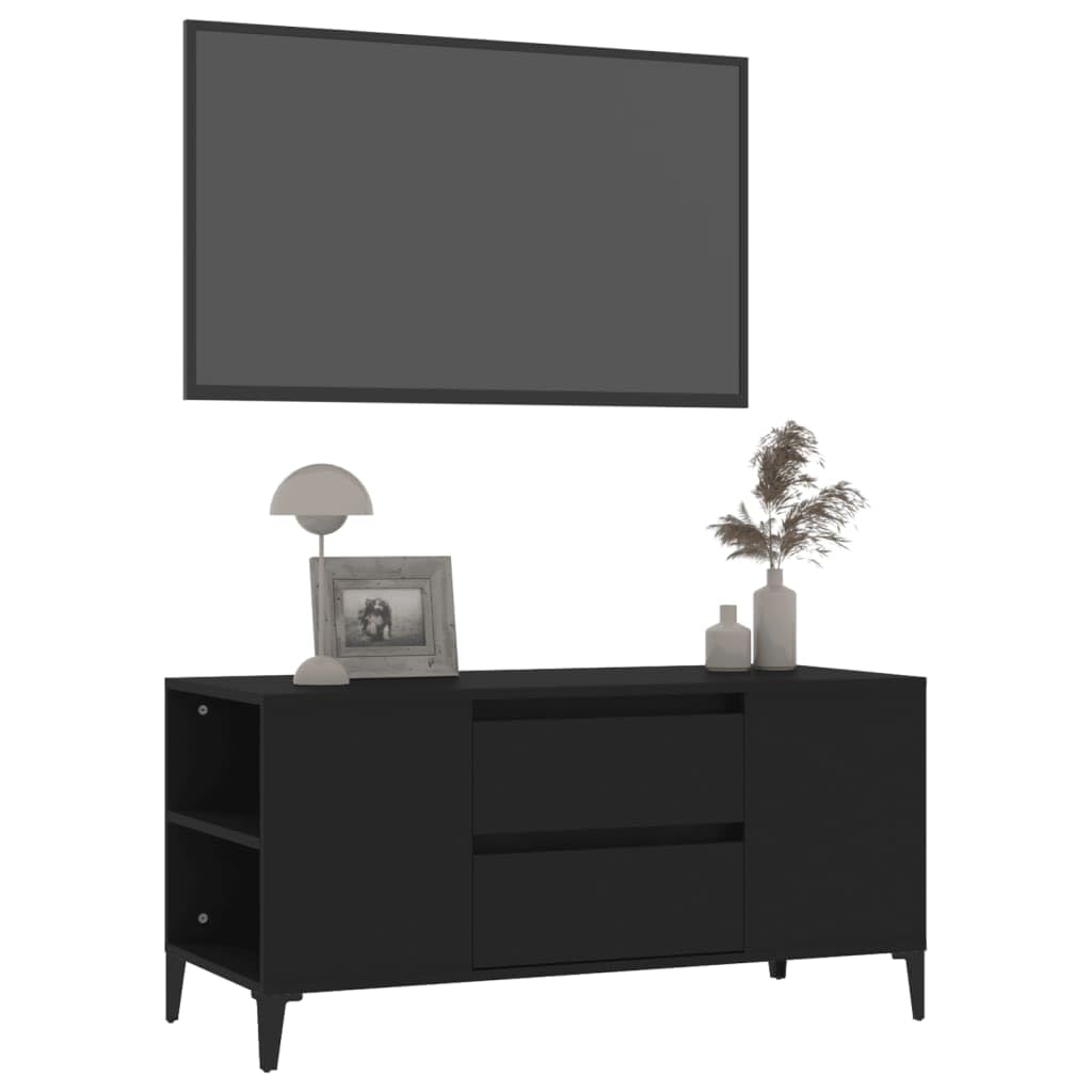 Mobile TV nero 102 con 4 scomparti aperti e 2 cassetti in legno moderno supporto TV design industriale per soggiorno