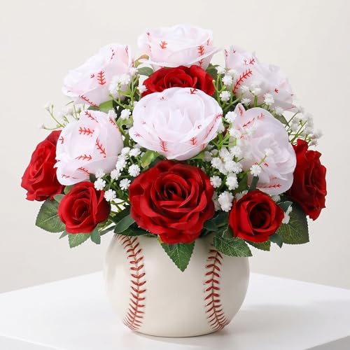 Tigeen 13 Pcs Baseball Rose Bouquet with Babys Breath Artificial Baseball Flowers for Senior Night Gifts Party Favors Graduation Birthday Decorations Table Centerpieces (Red & White)